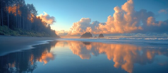 Poster - Serene morning beach landscape with colorful clouds and reflections on wet sand surrounded by forest and ocean waves.