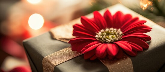 Wall Mural - Close up of a beautifully wrapped gift adorned with a vibrant red flower on a soft blurred background