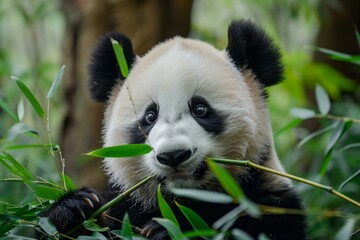 Adorable panda cub happily munching on bamboo, surrounded by vibrant green foliage