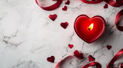 Wall Mural - Heart-shaped candle and red hearts on marble background for romantic ambiance