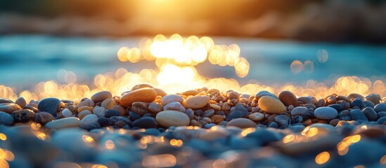 Poster - Stunning close-up of colorful sea pebbles on a beach with sunlight reflections creating a beautiful bokeh effect in the background