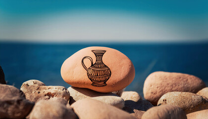 Wall Mural - A small ancient amphora design is painted on a peachy-colored stone set against a blurred sea background.