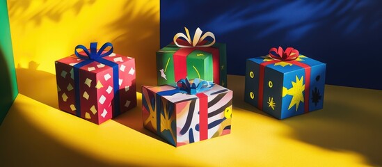 Colorful decorative Christmas gift boxes arranged in a festive setting with vibrant contrasting backgrounds and stylish ribbon accents.