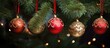 © NeuralNiche - Elegant Christmas tree ornaments hanging among green branches with lights creating a festive atmosphere for the holiday season.