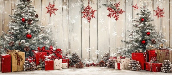 Wall Mural - Festive Christmas backdrop with beautifully wrapped gifts, decorated trees, and a cozy winter atmosphere in a snowy setting