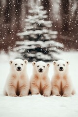 Wall Mural - Three adorable polar bear cubs sitting in the snow, with a snowy evergreen tree in the background.