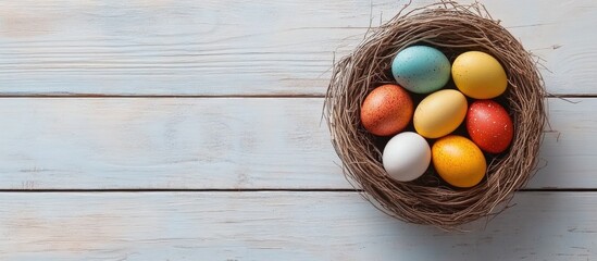 Easter nest with vibrant colored eggs arranged on a rustic wooden surface for springtime celebration and holidays decor