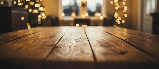 Aufkleber - Closeup of a rustic wooden table in a softly blurred cozy interior with warm bokeh lights creating a festive atmosphere.