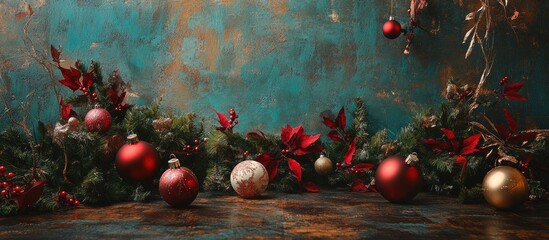 Aufkleber - Festive Christmas backdrop with ornaments and greenery showcasing a vintage aesthetic in rich red and gold tones.