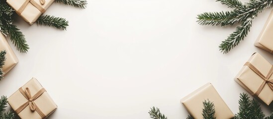 Poster - Christmas banner design with fir tree branches and gift boxes creating an empty space for a festive message on a clean white background