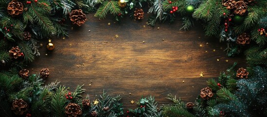 Aufkleber - Christmas holiday decoration with pine branches cones and stars on a rustic wooden background blank space for seasonal text or greetings
