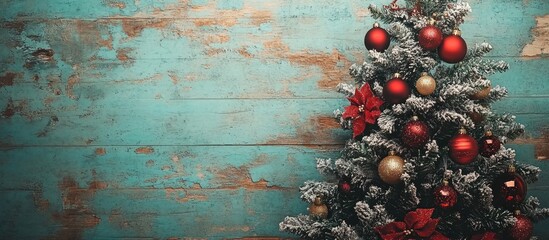 Aufkleber - Christmas tree decorated with ornaments on rustic wooden background with ample space for text in flat lay style