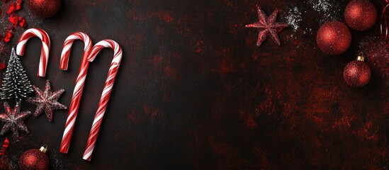 Poster - Christmas flat lay with candy canes ornaments and decorations on dark background leaving ample space for text or graphics