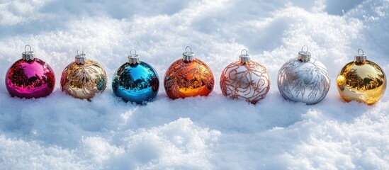 Aufkleber - Colorful Christmas ornaments adorning a snow-covered landscape festive winter decorations on frosty ground
