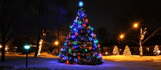 Poster - Illuminated Christmas tree in winter night showcasing vibrant lights and colorful ornaments in a snowy outdoor setting.