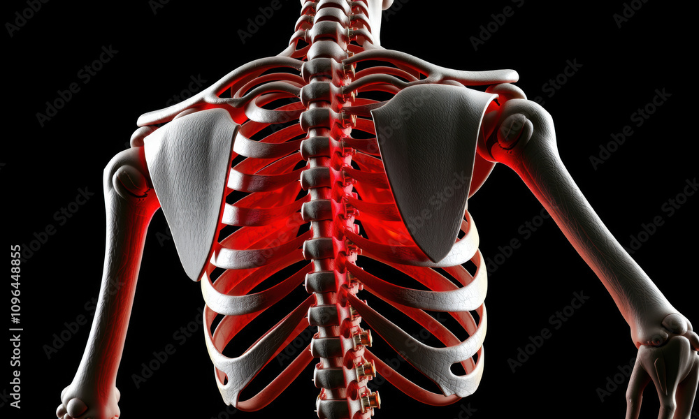 detailed illustration of human spinal column and rib cage, showcasing ...