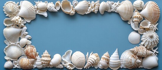 Fototapete - Creative seashell frame with assorted white shells arranged on a blue background ideal for beach-themed designs and summer aesthetics.