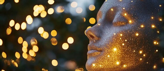 Poster - Close up of a decorative head illuminated with soft lights against a blurred tree background creating a dreamy atmosphere