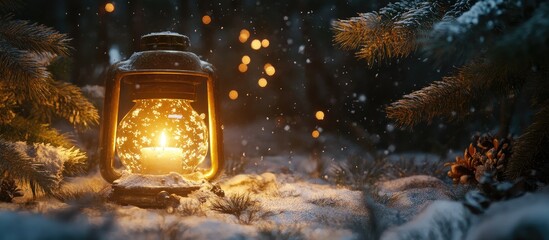 Poster - Rustic Christmas lantern glowing by a snowy pine tree at night with falling snowflakes and a warm candle light inside