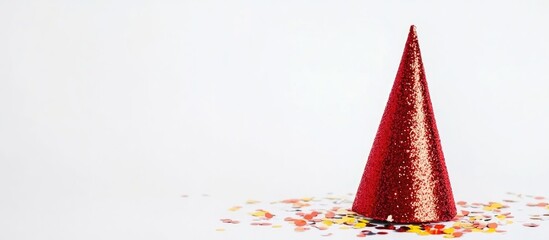 Poster - Red glitter cone-shaped Christmas decoration on a white background with colorful confetti accents for festive holiday themes