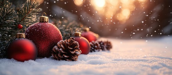 Poster - Festive Christmas scene with red ornaments and pinecones on snow-covered wooden surface illuminated by warm sunlight