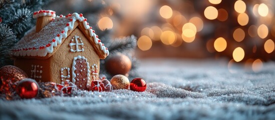 Poster - Colorful gingerbread house surrounded by holiday decorations with a blurred bokeh background creating a festive atmosphere