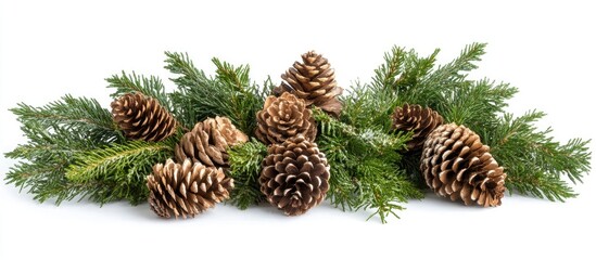 Aufkleber - Christmas Corner Decor with Fir Branches and Pine Cones Arrangement on White Background