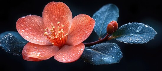 Wall Mural - vibrant blossom with dew on petals surrounded by lush green leaves in soft focus background