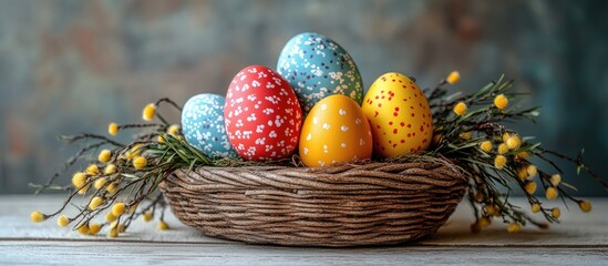 Fototapete - Colorful Easter eggs in a wicker basket with willow branches on a rustic wooden table festive holiday decoration with space for text
