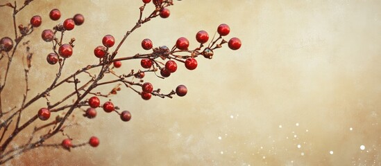 Poster - Festive holiday card design showcasing a beautifully decorated branch with red berries against a warm textured backdrop