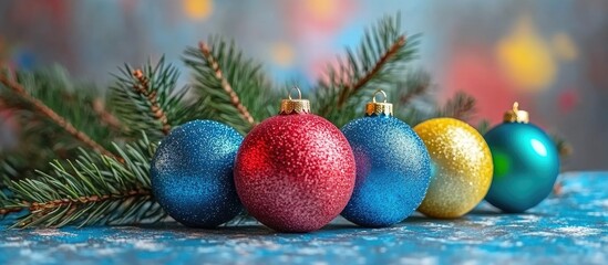 Poster - Festive Christmas and New Year decorations with colorful sparkling balls and evergreen branches on a vibrant blue background close up shot