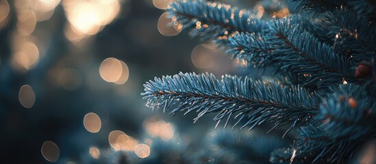 Poster - Christmas spruce tree branch with defocused silver bokeh lights creating a festive and magical atmosphere in a winter setting.