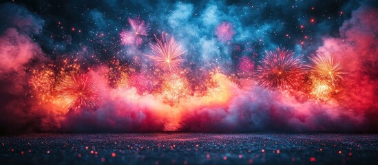 Leinwandbilder - Vibrant fireworks spectacle illuminating the night sky with colorful bursts and dreamy smoke clouds creating a festive atmosphere