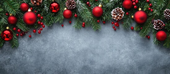 Aufkleber - Christmas and New Year Decorations with Red Ornaments and Pine Cones on Gray Background for Festive Flat Lay Design and Copy Space
