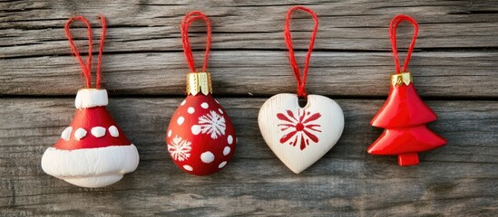 Christmas ornaments on rustic wooden background festive flat lay display for holiday decoration and celebration concepts