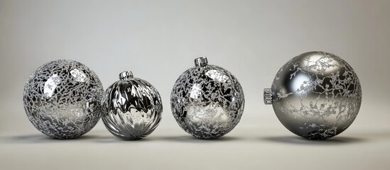 Aufkleber - Elegant silver Christmas ornaments featuring intricate designs on a soft grey background for a festive holiday theme.