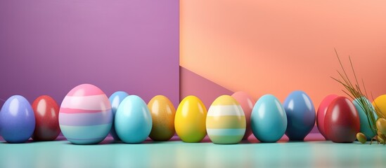 Fototapete - Colorful composition of decorative Easter eggs arranged on a vibrant background celebrating the festive spring season.