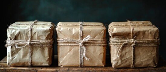 Aufkleber - Rustic Christmas packages wrapped in kraft paper with jute twine on a wooden surface against a dark background for festive decor