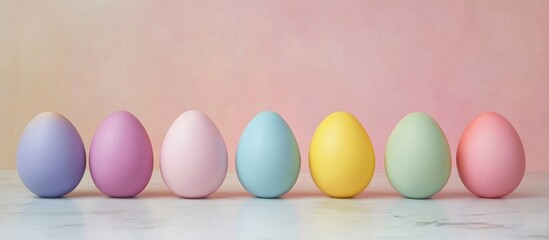 Poster - Pastel colored Easter eggs arranged in a row against a soft pink table backdrop for spring holiday celebrations and festive decorations.
