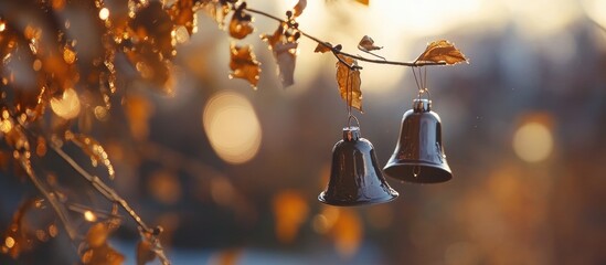 Poster - Christmas bells hanging from a branch with autumn leaves and a softly blurred background creating a warm festive atmosphere.