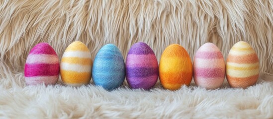 Fototapete - Colorful handmade Easter eggs arranged on a soft fur background celebrating spring and seasonal festivities
