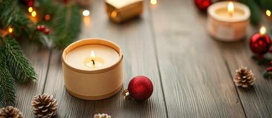 Aufkleber - Christmas ambiance with holly, candles, and festive decorations on rustic wooden table