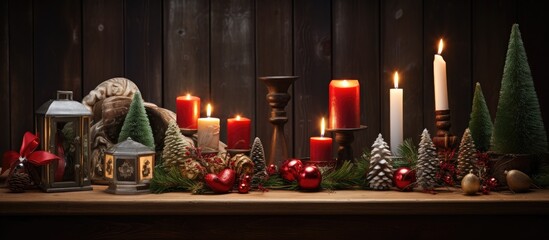 Poster - Festive Christmas decorations with candles and pinecones arranged beautifully on a rustic wooden tabletop in warm lighting.