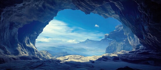 Poster - Cave entrance revealing a stunning landscape under a clear blue sky with mountains and clouds in the background.