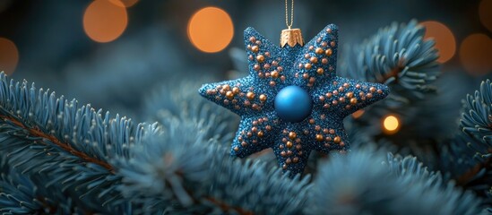 Poster - Blue star ornament hanging from blue spruce branches adorned with warm golden lights creating a festive Christmas atmosphere.