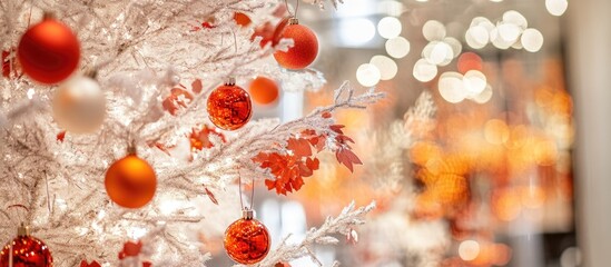 Poster - Elegant white Christmas tree decorated with vibrant red and orange ornaments illuminated by beautiful bokeh lights in a festive setting