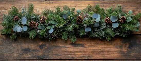 Aufkleber - Rustic Christmas backdrop with evergreen branches and pinecones on wooden surface ideal for holiday designs and ample copy space
