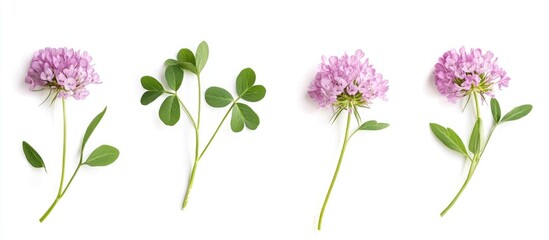 Poster - Clover flowers and leaves arranged on a clean white background for botanical or floral design concepts
