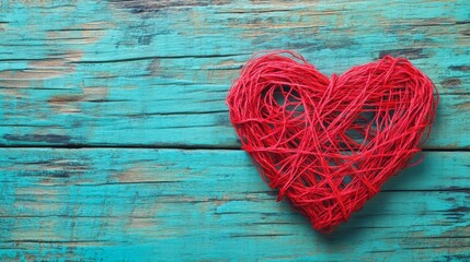 Wall Mural - Red yarn heart on weathered turquoise wood background