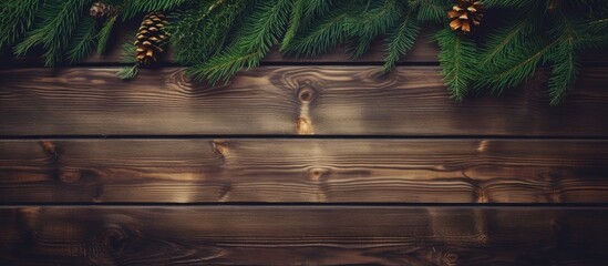 Aufkleber - Rustic holiday decoration with spruce branches and pinecones on a wooden desk space ideal for Christmas themed designs and greetings.